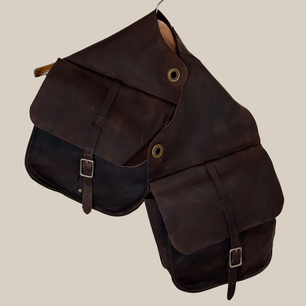 Dark Brown Leather Motorcycle Throwover Saddlebags Pannier Bag Pair